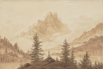 Berglandschap met mist in de vallei, ca. 1805 door Caspar David Friedrich