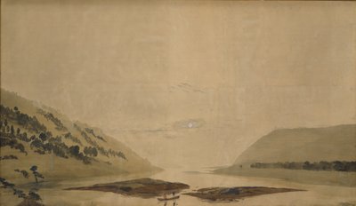Bergachtig landschap met rivier in de ochtend door Caspar David Friedrich