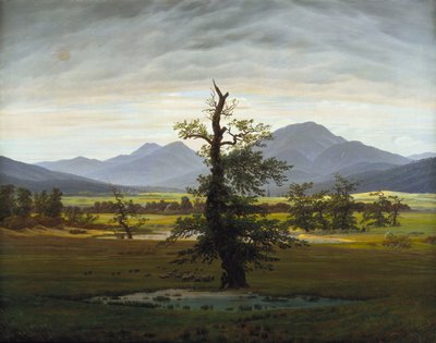 Solitaire boom dorpslandschap in ochtendlicht, 1822 door Caspar David Friedrich