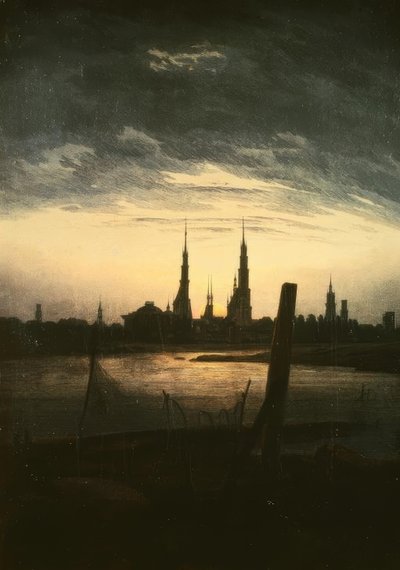 Stad bij maanopkomst door Caspar David Friedrich