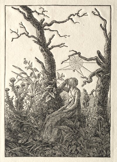 De Vrouw met het Spinrag tussen Kale Bomen door Caspar David Friedrich