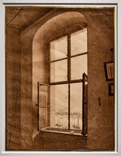 Uitzicht vanuit het atelier van de kunstenaar, raam aan de linkerkant door Caspar David Friedrich