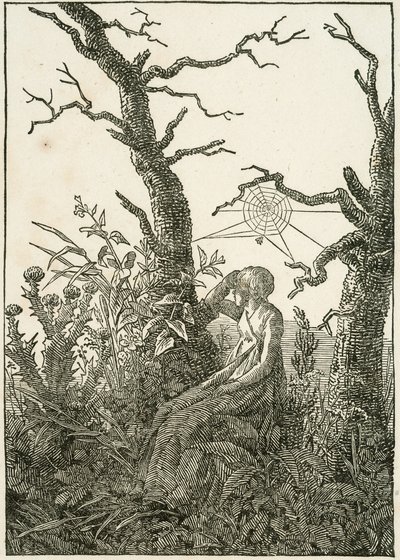 Vrouw met spinnenweb tussen kale bomen door Caspar David Friedrich