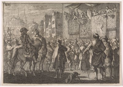Afkondiging van de Vrede van Osnabrück in een stad, 1648 door Caspar Luyken (attributed to)