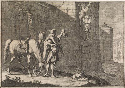 Generaal Hans Georg von Arnim-Boitzenburg ontsnapt uit de gevangenis via een touwlader, 1638 door Caspar Luyken (attributed to)