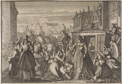 Vrouwen knielen te Parijs voor koningin Anna en smeken haar de belastingen te verlagen, 1645 door Caspar Luyken (attributed to)