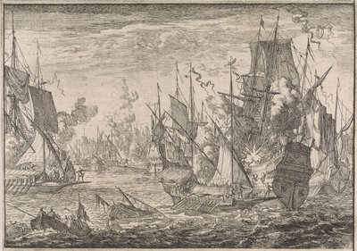 Zeeslag tussen Turkse oorlogsschepen en galleien van de Ridders van Malta, 1644 door Caspar Luyken (attributed to)