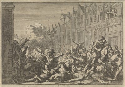 Angers bezet door aanhangers van Mazarin die in een hinderlaag van tien kanonnen van gouverneur De Rohan lopen, 1652 door Caspar Luyken