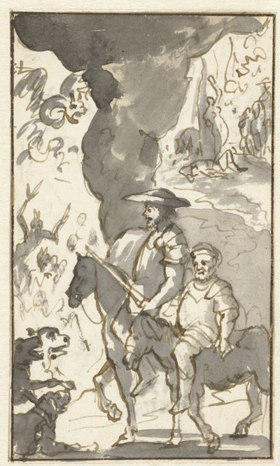 Don Quichotte en Sancho Panza rijden langs een smederij (Ontwerpen voor het vijfde deel van Histoire de l