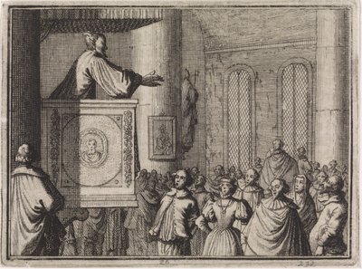 Duivel spreekt vanaf een preekstoel een menigte mensen toe door Caspar Luyken
