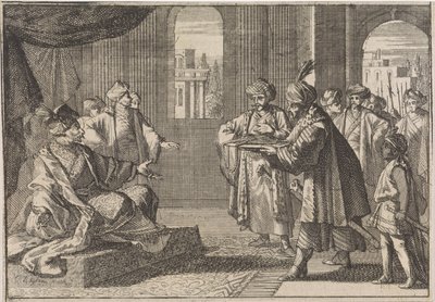Guei-tschun, eerste minister onder keizer Chongzhen, wordt een zijden touw gebracht om zich op te hangen, 1643 door Caspar Luyken