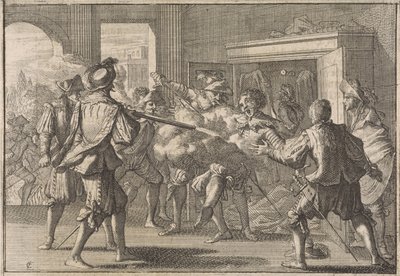 Miguel de Vasconcelos wordt ontdekt in een kast en vermoord door woedende Portugezen, 1640 door Caspar Luyken