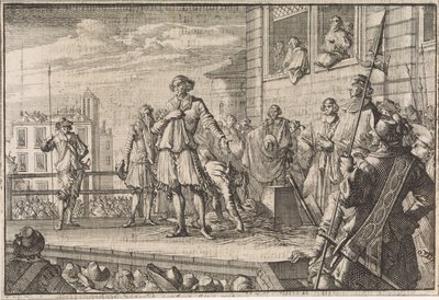 Thomas Wentworth, graaf van Strafford spreekt het volk toe vanaf het schavot, 1641 door Caspar Luyken