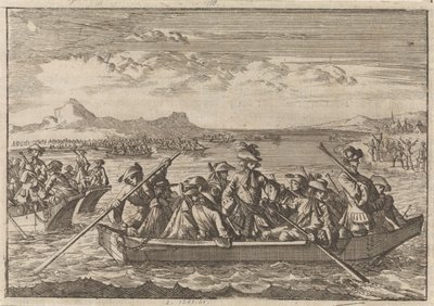 Uit Savoye verjaagde Waldenzen keren in schuiten over het meer van Genève terug naar hun land, 1689 door Caspar Luyken