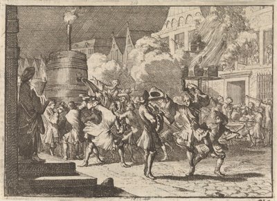 Vreugde in Parijs naar aanleiding van het valse bericht van de dood van Willem III bij de slag aan de Boyne, 1690 door Caspar Luyken