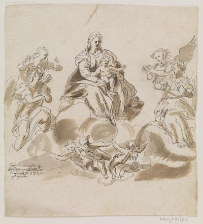 Maagd Maria met kind in de hemel omringd door engelen en putti door Caspar Menneler