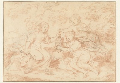 Drie kinderen in een landschap door Caspar Netscher (possibly)