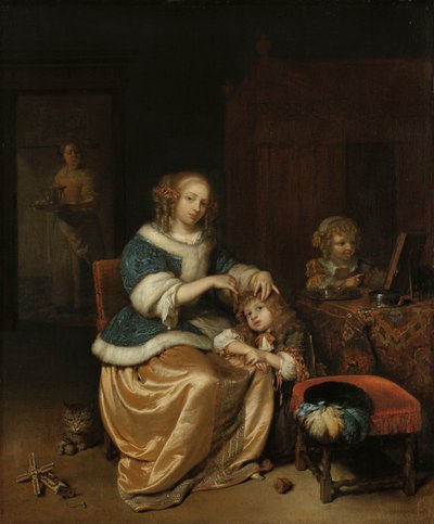 Interieur met een moeder die het haar van haar kind kamt, bekend als 
