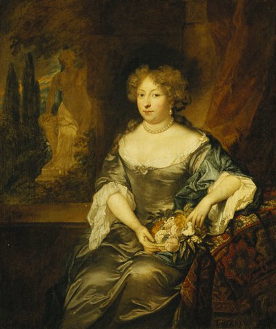 Portret van een dame, zittend, kleine driekwart lengte, in een grijze satijnen jurk, met een mand bloemen voor een raam, een standbeeld in een park daarachter door Caspar Netscher