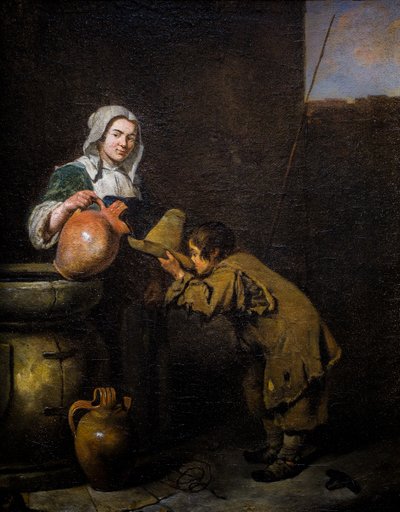 Jonge schoorsteenveger drinkt bij een put door Caspar Netscher