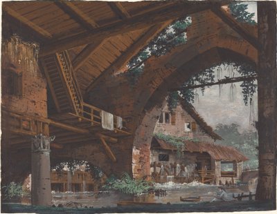 Architectonische fantasie van antieke ruïnes met een watermolen door Caspar Wolf