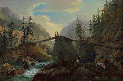 Houten voetbrug over de Lütschine bij Gsteig, 1774 door Caspar Wolf