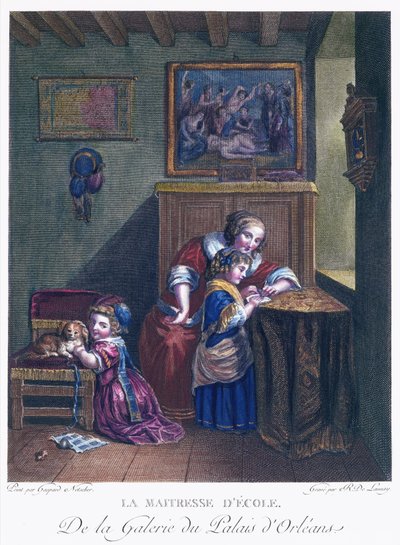 De schooljuffrouw, gegraveerd door R. Delaunay door Caspar after Netscher