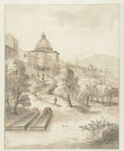 Italiaans landschap met een stad op een heuvel door Caspar van Wittel