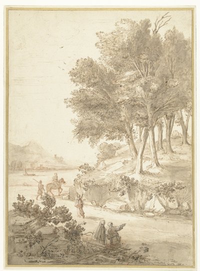 Italiaans landschap met figuren langs een weg en een rivier op de achtergrond door Caspar van Wittel