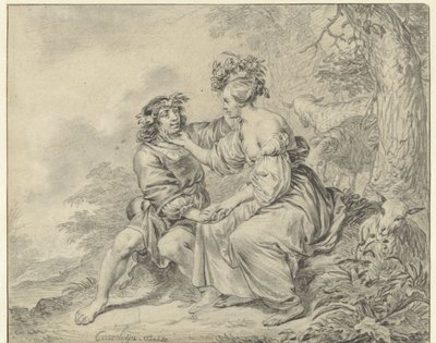 Herder en herderin zittend in een landschap door Casper Casteleyn