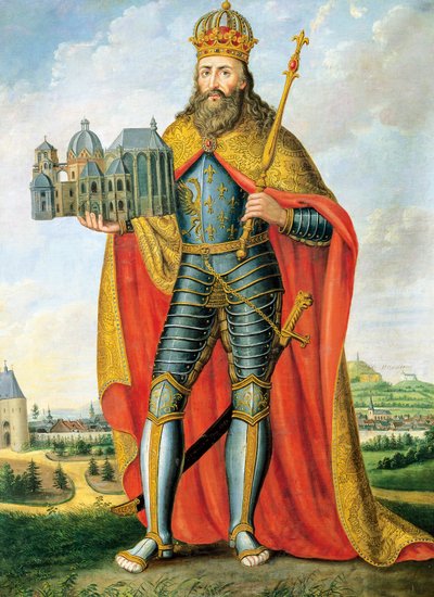 Portret van Karel de Grote (742 - Aken, 814), koning van Franken en Lombarden en keizer van het Heilige Roomse Rijk, staand met model van Palatijnse Kapel door Casper Johann Nepomuk Scheuren