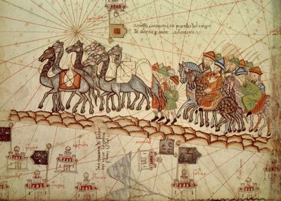 Detail van een Catalaanse nautische kaart (portulan) die Azië uit de 13e eeuw voorstelt, waarop men een karavaan ziet lopen richting Cathay (naam gegeven door Marco Polo voor Noord-China): Zijderoute genomen door Marco Polo. Catalaanse Atlas door Abra door Catalan School