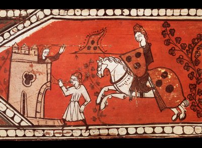 Ridders dragen vlaggen: de ridder, de prinses en de heraut. Tempera op hout van de decoratie van een dak. 13e eeuw. door Catalan School