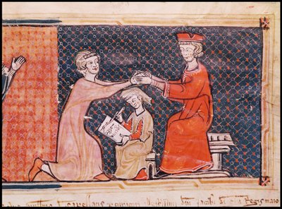 De Koninklijke Aanklager, de Schrijver en de Feodale Heer, uit Capbreu de Clayra et de Millas 1292 door Catalan School
