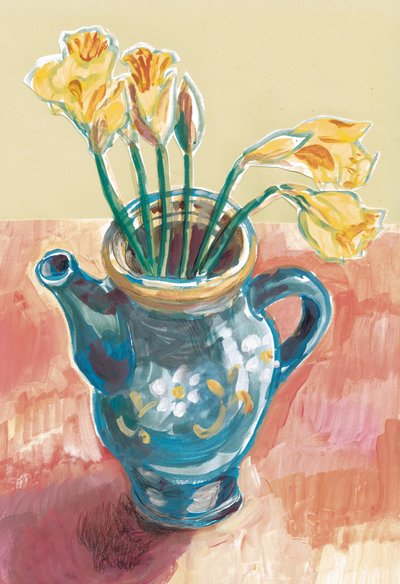 Narcissen in een blauwe theepot door Catalina Somolinos