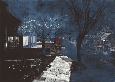 Geluid van muziek in de buitenwijken, 2012 (linoleumsnede en ets) door Catherine Sutcliffe Fuller