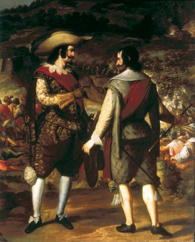 De verovering van San Juan in Puerto Rico (Puerto Rico) (1625). Detail. Op de voorgrond praat Don Juan de Haro met zijn assistent. Achter hem het fort bewaakt door de Spanjaarden die de Nederlanders dwingen te vertrekken. Schilderij door Eugenio Caxes of C door Caxesi or Caxete Eugenio Caxes