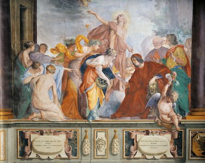 Lorenzo verwelkomt de Muzen en de Deugden vergezeld door Apollo naar Florence, door Francesco Montelatici bekend als Cecco Bravo, fresco door Cecco  Bravo