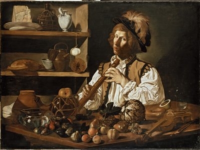Interieur met een Stilleven en een Jonge Man met een Blokfluit, 17e eeuw door Cecco de Caravaggio