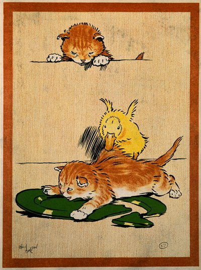 Katten en eend. Tekening door Cecil Aldin (1870-1935). Parijs, Decoratieve Kunsten door Cecil Charles Windsor Aldin
