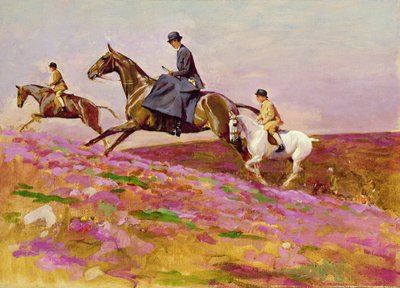 Lady Currie met haar zonen Bill en Hamish op jacht in Exmoor door Cecil Charles Windsor Aldin