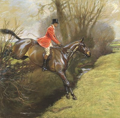 Luitenant-kolonel Ted Lyon springt over een heg door Cecil Charles Windsor Aldin