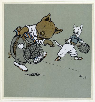 Varken en vos die tennis spelen - in "Merry Party", ill. door Cécil Aldin, uitgegeven door Hodder & Stoughton, Londen door Cecil Charles Windsor Aldin