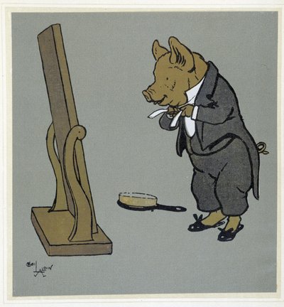 Varken dat zich verzorgt, zijn stropdas voor een spiegel aanpast - in "Merry Party", ill. door Cecil Aldin, uitgegeven door Hodder & Stoughton, Londen door Cecil Charles Windsor Aldin