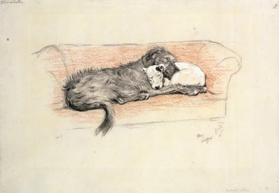 Verzoening; Wolfshond en Bull Terrier slapend op een Sofa door Cecil Charles Windsor Aldin