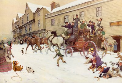 De kerstkoets bij de Bell Inn, Hurley, 1830 door Cecil Charles Windsor Aldin