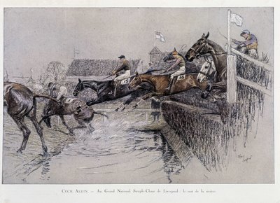 De Grand National Steeple Chase in Liverpool: De sprong over de rivier - tekening door Cecil adlin door Cecil Charles Windsor Aldin