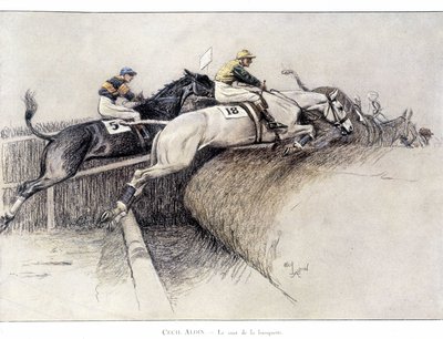 De Grand National Steeple chase in Liverpool: de sprong van de bank - tekening door Cecil adlin door Cecil Charles Windsor Aldin