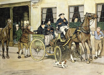 De Pickwickians vertrekken vanuit het Bull Hotel in Rochester door Cecil Charles Windsor Aldin