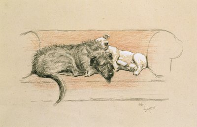 Wolfshond en Bull Terrier Slapend op een Bank door Cecil Charles Windsor Aldin